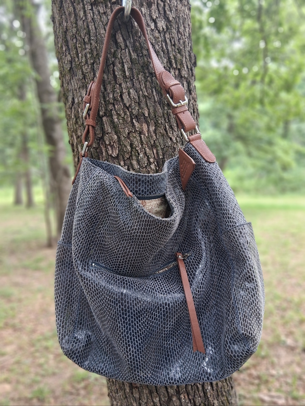 Sorial Gray Hobo Shoulder Bag with Brown Leather Trim